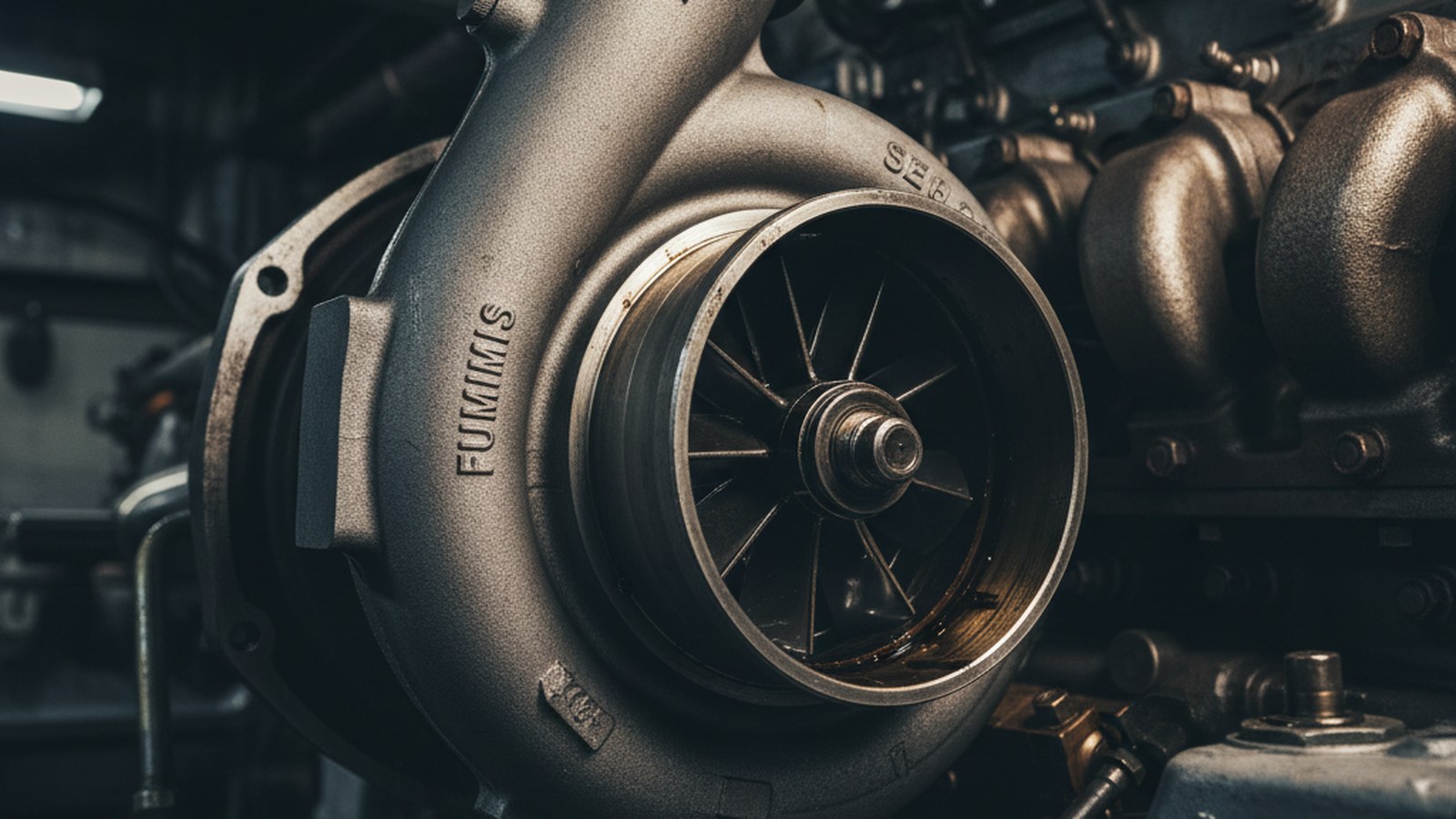 Turbosprężarka silnika okrętowego z widocznymi śladami wycieku oleju na wirniku