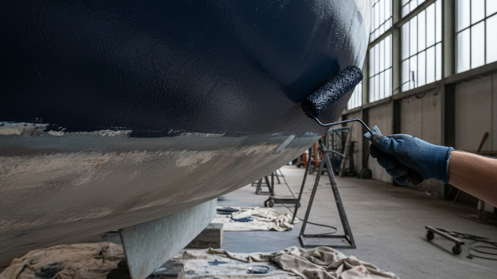 Nakładanie farby antyfoulingowej na kadłub jachtu w hangarze serwisowym
