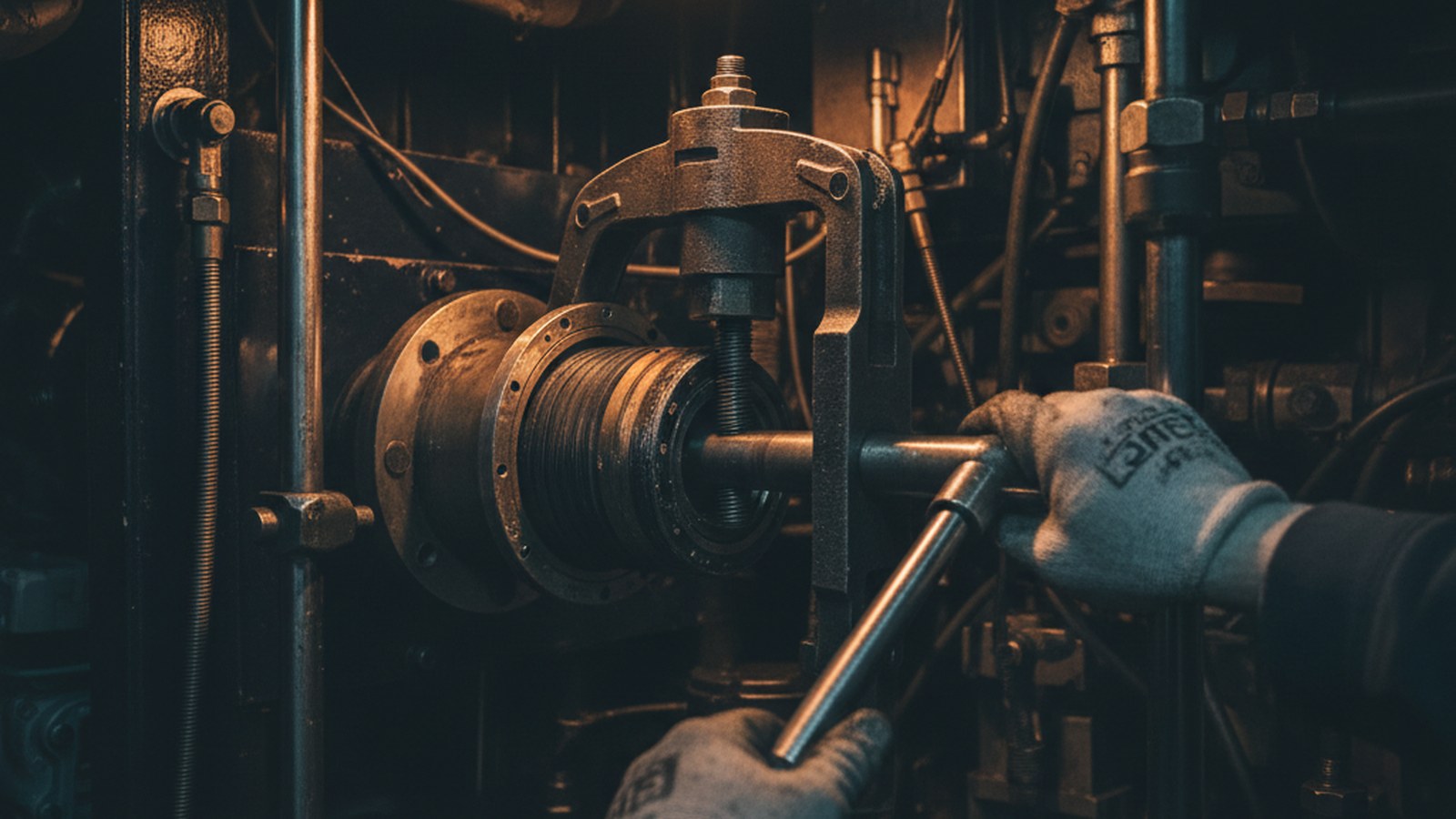 Wymiana tulei pochwy wału (cutless bearing) przy użyciu ściągacza hydraulicznego